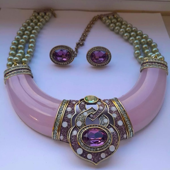 Heidi Daus Pink Lucite Light Amethyst White Opal Necklace-Earrings